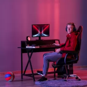 Image of HOMCOM Racing Gaming Desk Carbon Fiber Style Computer Table with Elevated Monitor Shelf, Headphone Hook and Cup Holder, Black