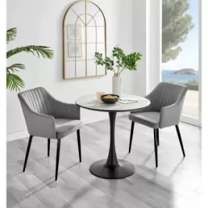 Image of Furniture Box Elina White Marble Effect Round Dining Table and 2 Grey Calla Black Leg Chairs