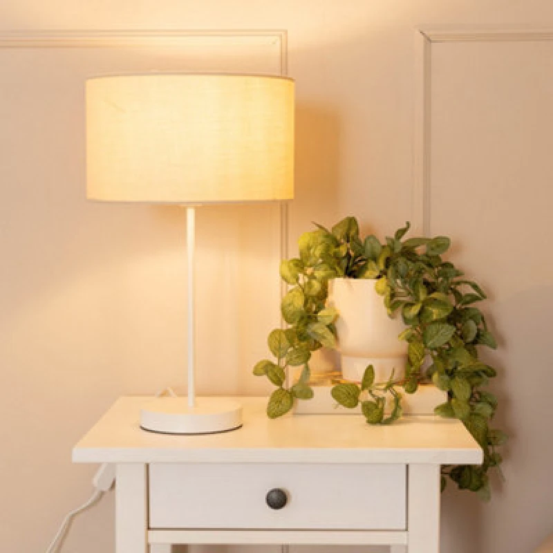 Image of ValueLights Charlie White Single Stem Table Lamp with Fabric Drum Lamp Shade and LED Bulb Natural