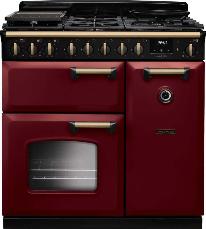 Image of Rangemaster Classic Deluxe 90 CLDL90DFPBOR/AB1 90cm wide Dual Fuel Range Cooker with Gas Hob - Bordeaux / Chrome - A Rated