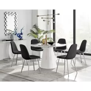 Image of Furniturebox Palma White Marble Effect 120cm Round Minimalist Dining Table & 6 Black Corona Faux Leather Dining Chairs with Silver Legs Diamond Stitch