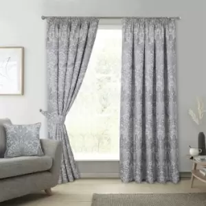 Image of Floral Keswick Pencil Pleat Curtain Pair Natural 66x90 - Grey - Sundour