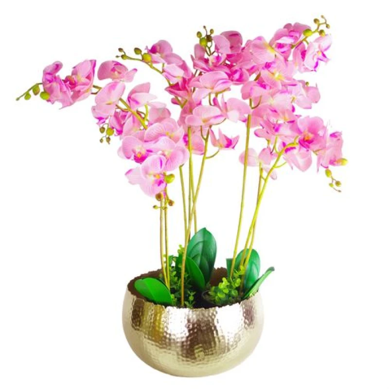Image of Leaf Large Artificial Orchids Display with XL Metal Bowl Planter 70x70cm Green