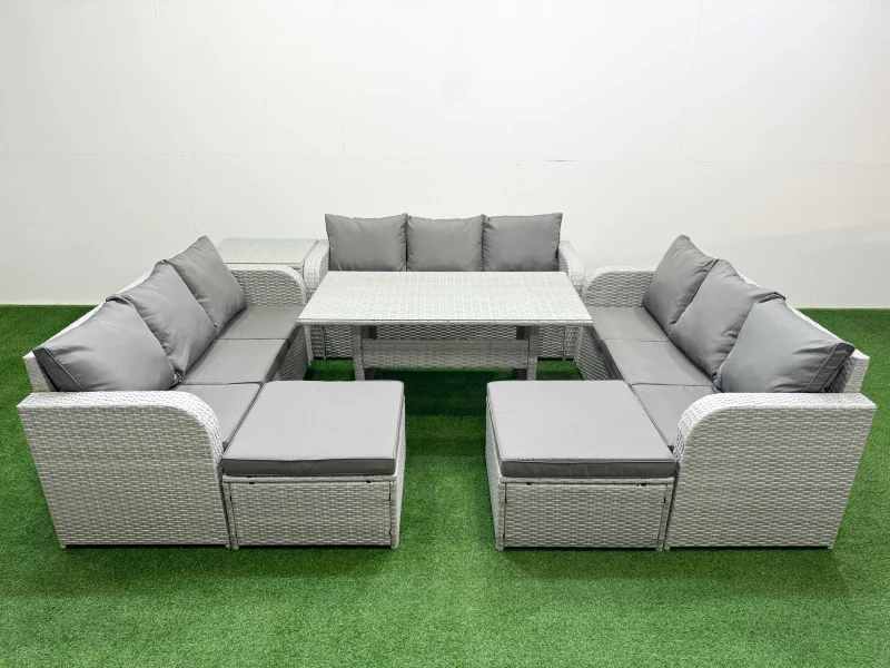 Image of Fimous PE Rattan Lounge Sofa Set 11 Seater Outdoor Garden Furniture Set with Rectangular Dining Table 3 Seater Sofa 2 Big Footstools Side Table Light