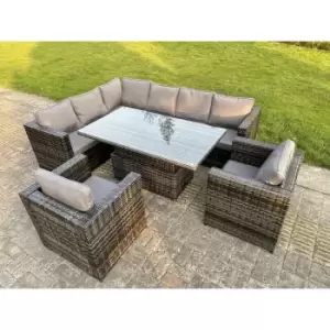Image of Fimous 8 Seater Outdoor Dark Grey Rattan Lounge Complete Sofa Set with Rising Dining Table