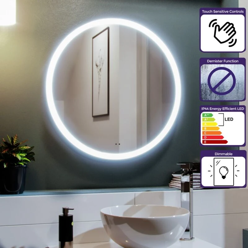 Image of Nes Home Round Motion Sensor Bathroom LED Mirror Demister Anti-fog 600mm Silver