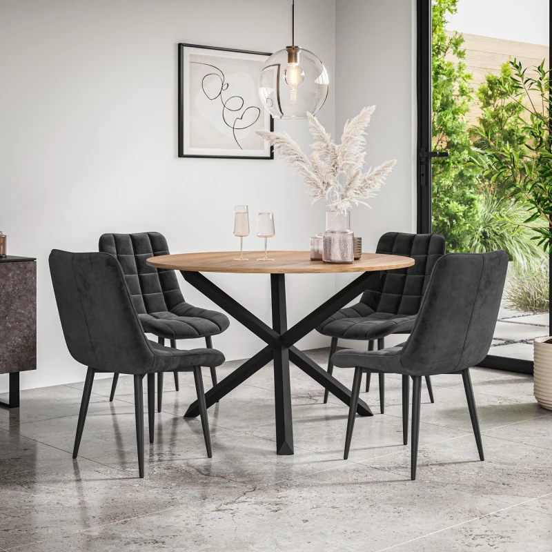 Image of More4Homes Malvern Round Dining Table And Chairs - Oak Table Top W Solid Black Oak Legs + Nova Velvet Dining Chair Set Of 4 (Black)