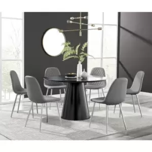 Image of Furniturebox Palma Black Semi Gloss 120cm Round Minimalist Dining Table & 6 Grey Corona Faux Leather Dining Chairs with Silver Legs Diamond Stitch