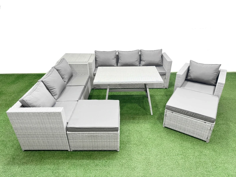 Image of Fimous 9-seater Patio 3 Seater Sofa Armchair Set with Side Table 2 Big Stools in Light Grey Light Grey Unisex