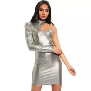 Image of I Saw It First Metallic One Sleeve High Neck Dress - Metallics