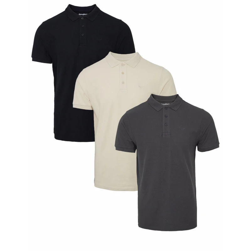 Image of Threadbare 3 Pack 'Conroy' Cotton Pique Polo Shirts Black