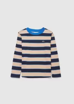 Image of Boys' Lacoste Striped Cotton Jersey T-Shirt Size 10 yrs Beige / Navy Blue / Blue
