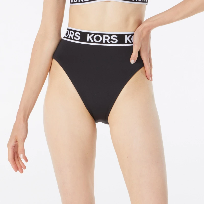Image of MICHAEL Michael Kors Michael Michael Kors Logo High Waist Bikini Bottoms Black female 8 (XS)