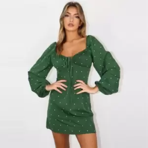 Image of Missguided Long Sleeve Tie Bust Milkmaid Dress - Green