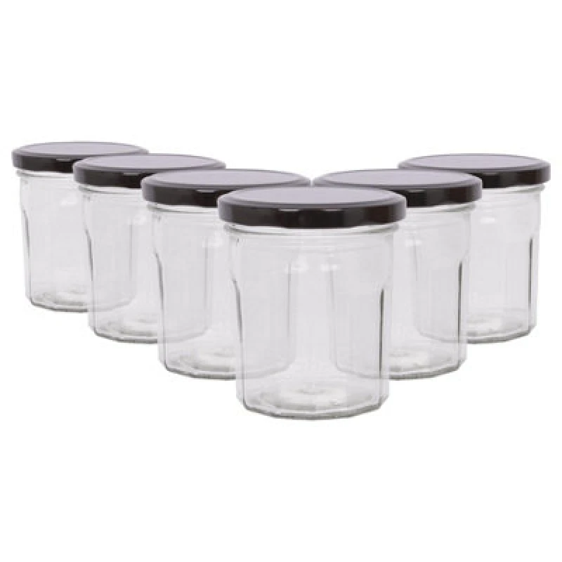 Image of Argon Tableware Glass Jam Jars With Black Lids - 250ml - Pack Of 6