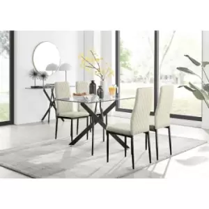 Image of Furniturebox UK - Furniturebox Leonardo 4 Black Leg Glass Dining Table and 4 Cream Milan Velvet Dining Chairs With Black Legs Diamond Stitch Modern