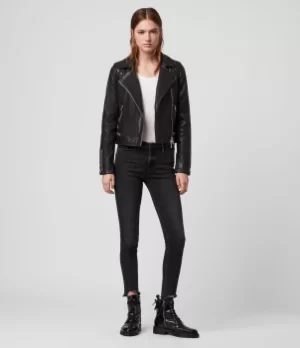 Image of AllSaints Womens Leather Quilted Traditional Conroy Biker Jacket, Black, Size: 8
