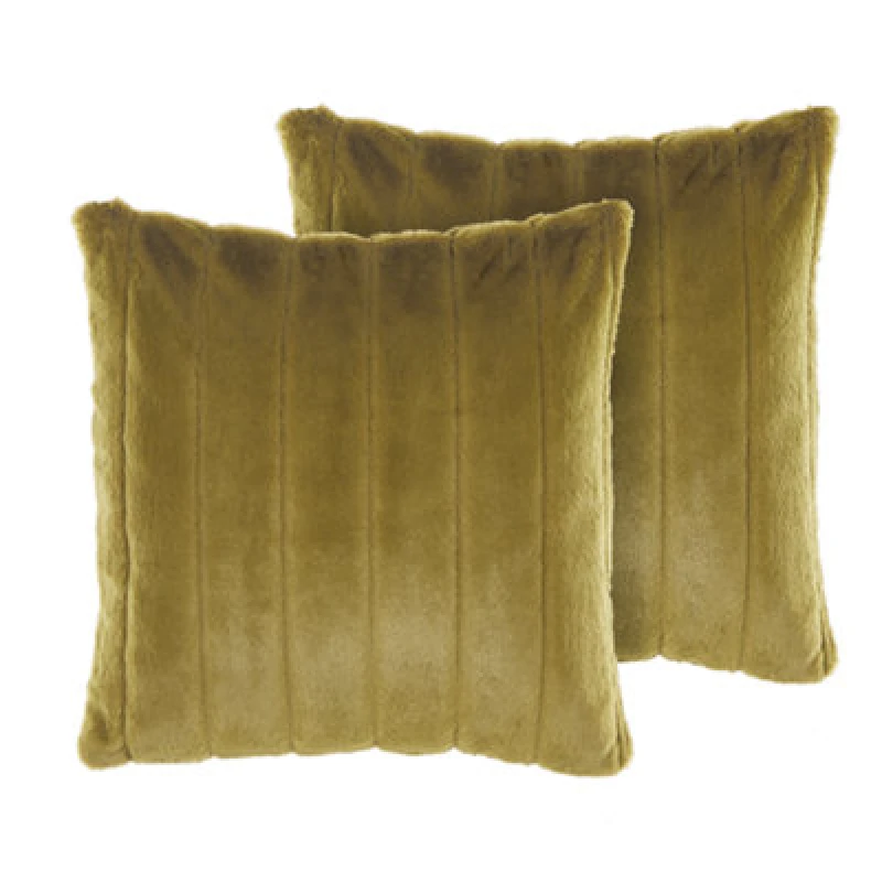 Image of Beliani Set Of 2 Decorative Cushions Pumila Faux Fur 45 X 45cm Olive Green Striped