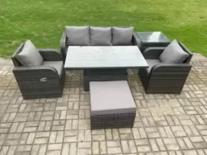Image of Fimous 5 Seater Outdoor Dark Grey Wicker PE Rattan Garden Furniture with Adjustable Table, Armchair, and Big Footstool