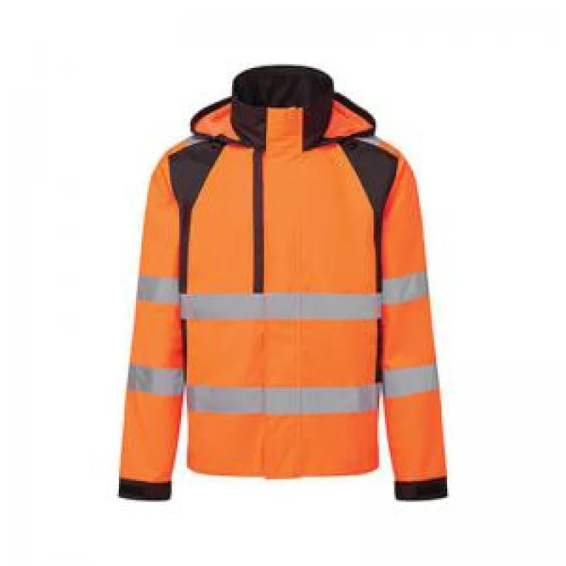 Image of Portwest WX2 Eco Hi Vis Waterproof Rain Jacket CD860OBRXL Colour: Orange / Black