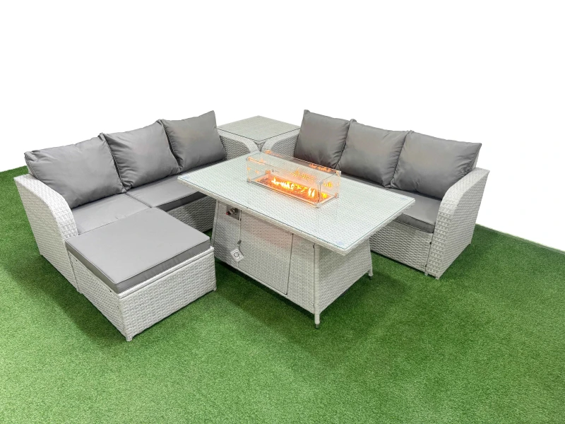 Image of Fimous Outdoor Garden Furniture Sets 7 Seater Wicker Rattan Furniture Sofa Sets with Firepit Dining Table high Back Lounge Sofa Big Footstool Side Tab