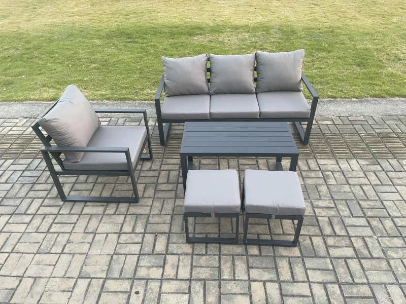 Image of Fimous Aluminium Outdoor Garden Furniture Set Patio Lounge Sofa with Oblong Coffee Table 2 Small Footstools Armchair Dark Grey Dark Grey Unisex