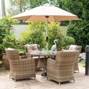 Image of Katie Blake Seville 4 Seat Round Dining Set with Parasol and Base - Natural