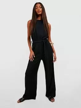 Image of Boohoo Textured Halterneck Wide Leg Jumpsuit - Black, Size 8, Women