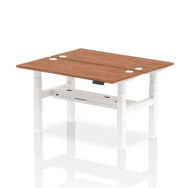 Image of Air Air Back-to-Back 1400 x 600mm Height Adjustable 2 Person Bench Desk Walnut Top with Cable Ports White Frame HASCP2P14600WNTW