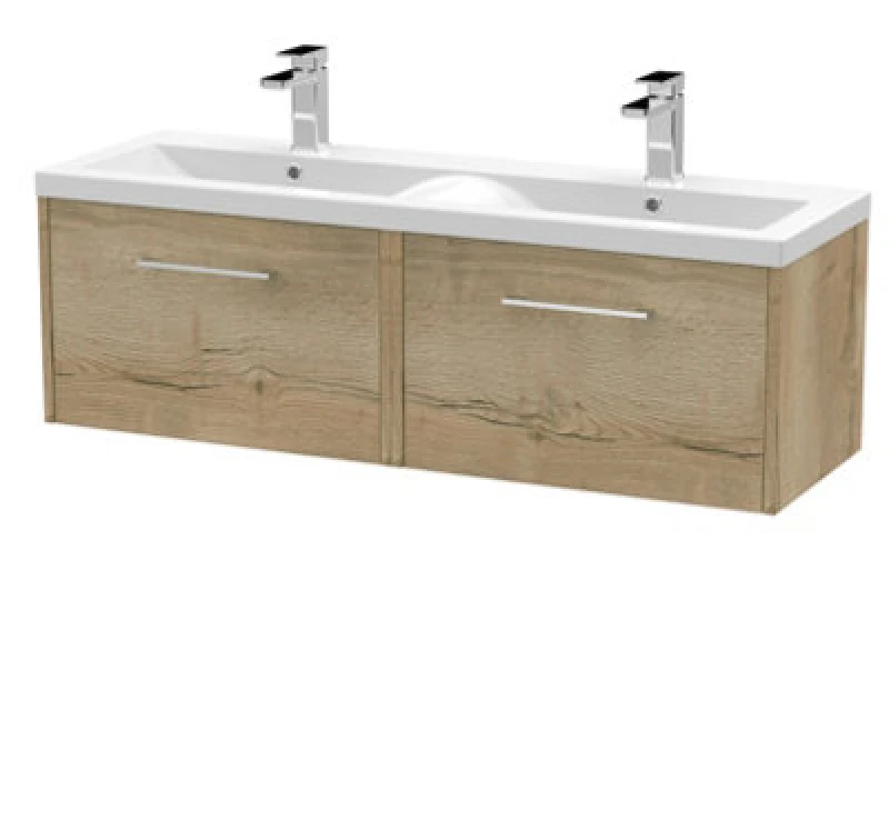 Image of Hudson Reed Fluted Wall Hung 2-Drawer Vanity And Double Vitreous China Basin, Stylish Sink Vanity Unit, Autumn Oakmm