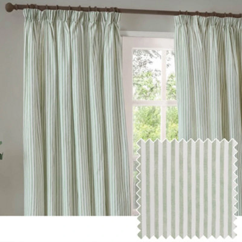 Image of Yard Hebden Striped Cotton Pencil Pleat Curtains, Eucalyptus, (W) 117 X (D) 137Cm