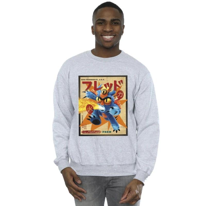 Image of Disney Men Big Hero 6 Baymax Fred Newspaper Sweatshirt in Grey Size: Small Grey S Male 5059934869929