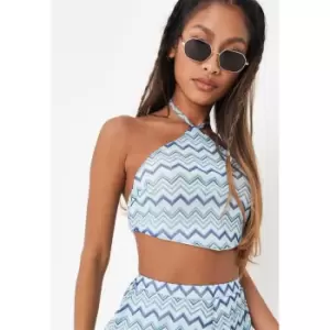 Image of Missguided Zig Zag Halter Crop Top - Blue