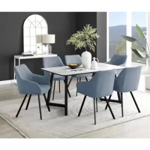 Image of Furniturebox Carson White Marble Effect Rectangular 160cm Dining Table & 6 Blue Falun Black Leg Fabric Chairs