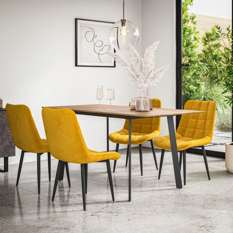 Image of More4Homes Haydon Extending Dining Table + Chairs- Oak Effect Table Top W Black Legs + Nova Velvet Dining Chair Set Of 6 (Mustard)