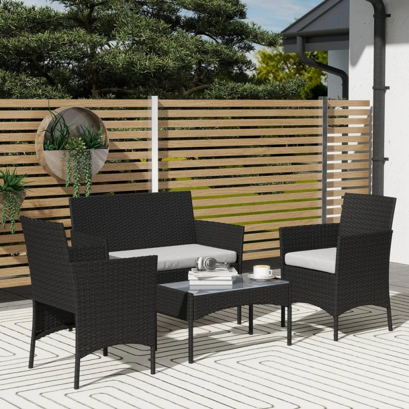 Image of OUTSUNNY 4 Piece Rattan Garden Furniture Sofa Set with Cushions in Black Unisex