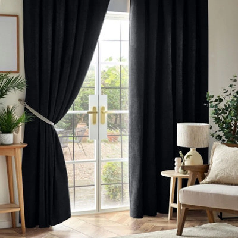 Image of Luxury Living Chenille Blackout Pencil Pleat Top Curtains 117Cm X 183Cm Black