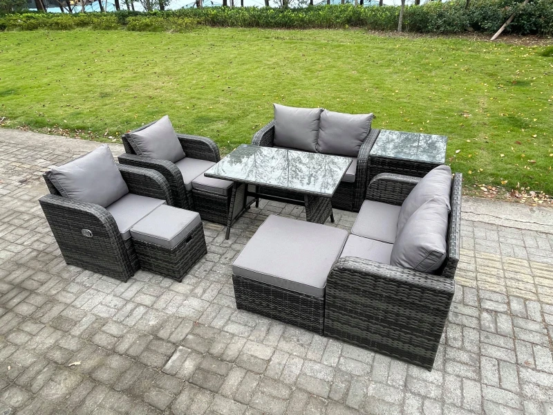 Image of Fimous 9 Seater Wicker PE Rattan Garden Dining Set Outdoor Furniture Sofa with Dining Table Side Table 3 Footstools Dark Grey Mixed Dark Grey