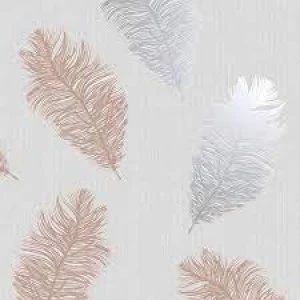 Image of Holden Decor Astonia Feather Glitter Metallic Rose Gold/Grey Wallpaper Blown Vinyl