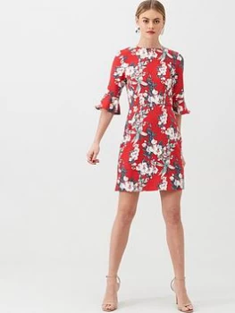 Image of Oasis Florence Floral Flute Sleeve Shift Dress, Multi Red, Size 8, Women
