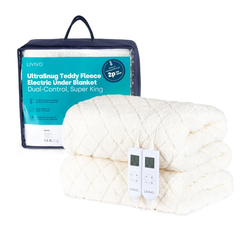 Image of LIVIVO UltraSnug Teddy Fleece Electric Heated Underblanket - Super King with Dual Controls Off White