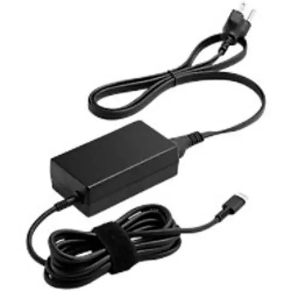 Image of HP 65W USB-C LC Power Adapter. Purpose: Laptop Power supply type: Indoor Output power: 65 W. Product colour: Black. Width: 90 mm Depth: 51mm Heigh