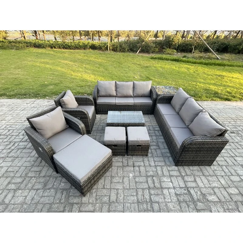 Image of Fimous Rattan Outdoor Garden Furniture Sofa Set Patio Table & Chairs Set with 3 Seater Sofa Reclining Chair 3 Footstools 3 Seater Sofa Side Table Dark