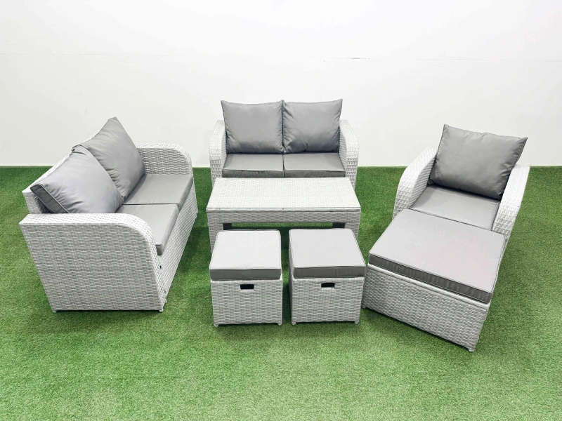 Image of Fimous High Back Poly Rattan Garden Furniture Set with Reclining Chair Loveseat Sofa Oblong Coffee Table Indoor Outdoor Patio Set 3 Stools Light Grey