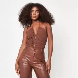 Image of Missguided Halterneck Mesh Button Front Bodysuit - Brown