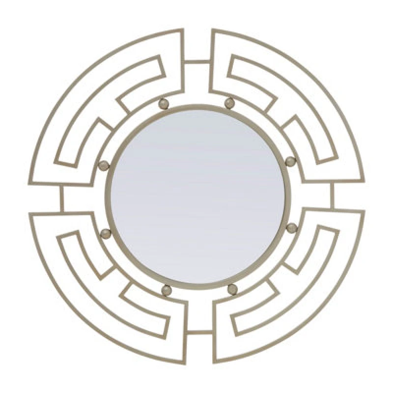 Image of Orsina Silver Round Wall Mirror With Geometric Metal Frame, Fusion Style Statement Mirror For Living Room Or Hallway