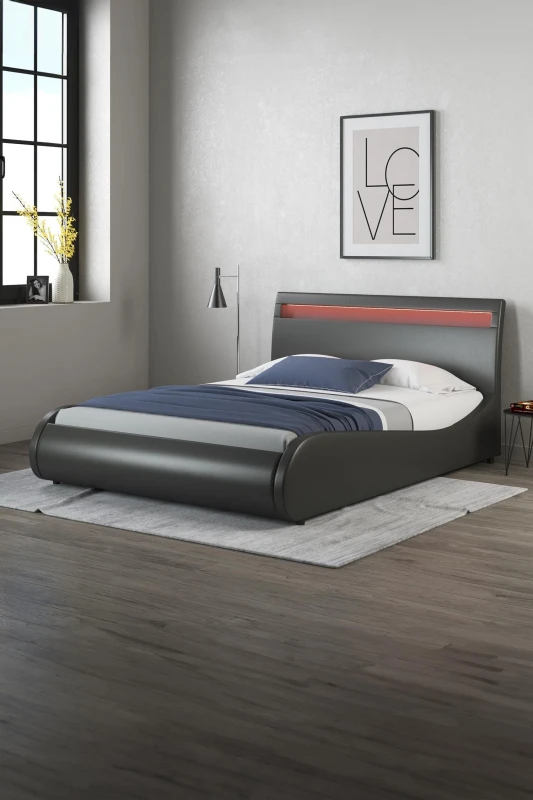 Image of Slumberworx Orion LED Lights Headboard Faux Leather Double Bed Frame (black), Black 5.05574E+12