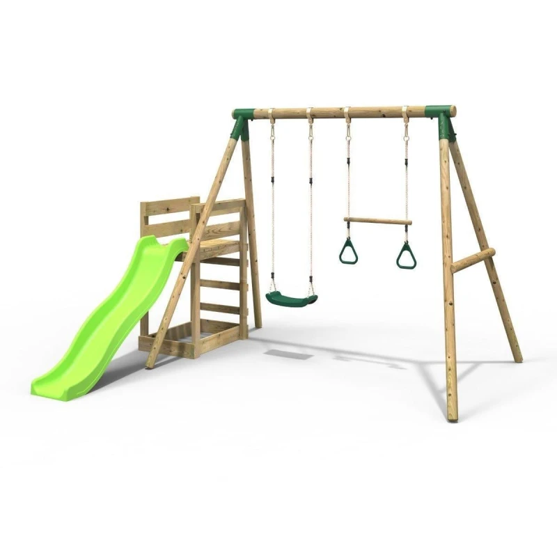 Image of Rebo Wooden Double Swing Set with Trapeze Bar and Slide - Janus Green Green