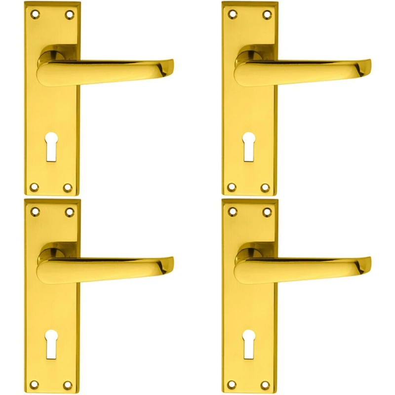 Image of Loops 4x PAIR Straight Victorian Handle on Lock Backplate 150 x 43mm Polished Brass Metallics