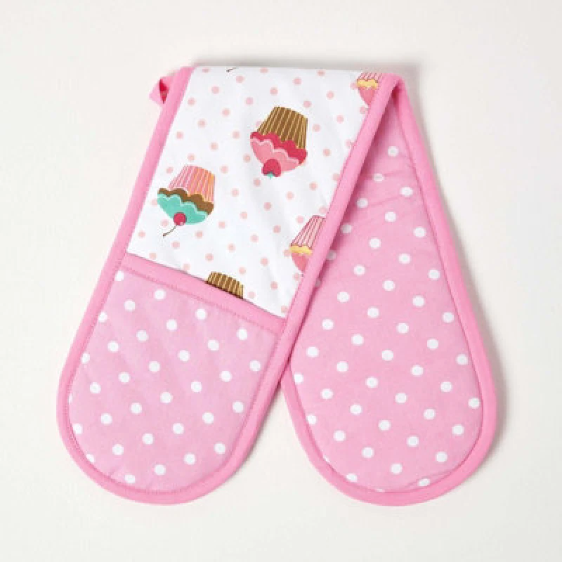 Image of Homescapes Cotton Cupcakes Pink Blue Double Oven Glove Pink unisex